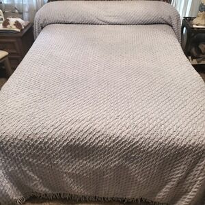 VTG Mohawk Bedspread Queen Blue Diamond Chenille Cotton Tufted Fringe Trim